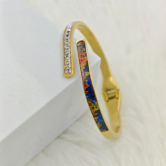 Luxury 22K Gold-Plated Artistic Open Cuff Bracelet – Anti-Tarnish Stainless Steel Bangle with Crystal & Enamel Detailing RGB431