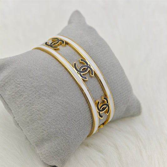Luxury 22K Gold-Plated CC-Inspired Open Cuff Bracelet – Anti-Tarnish Stainless Steel Statement Bangle RGB443
