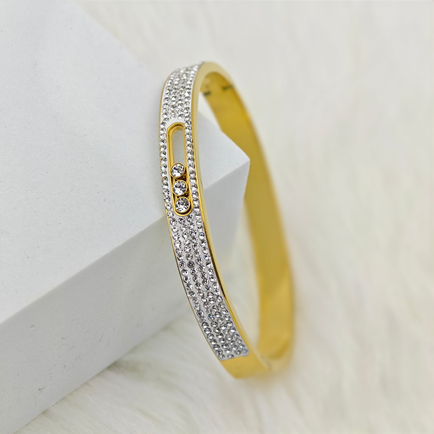 Luxury 22K Gold-Plated Pave CZ Bracelet – Anti-Tarnish Stainless Steel Bangle with Dazzling Crystal Accents RGB449