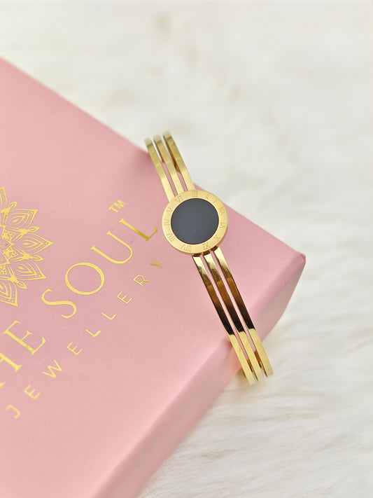 8K Gold Plated Anti-Tarnish Black Enamel Roman Numeral Bangle for Women – Sleek Statement Bracelet for Daily Wear RGB489