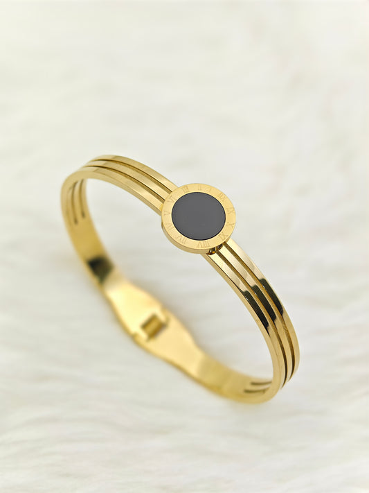8K Gold Plated Anti-Tarnish Black Enamel Roman Numeral Bangle for Women – Sleek Statement Bracelet for Daily Wear RGB489
