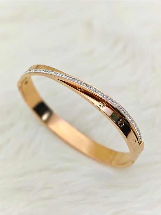 18K Rose Gold Plated Anti-Tarnish Dual Bangle – Elegant Crystal Studded Statement Bracelet for Women RGB503