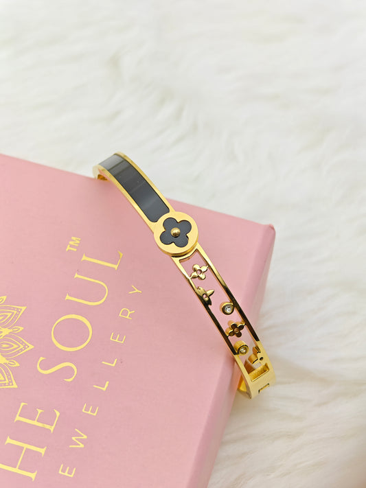 18K Gold Plated Anti-Tarnish Black Enamel & Crystal Clover Bangle – Elegant Designer Bracelet for Women RGB504