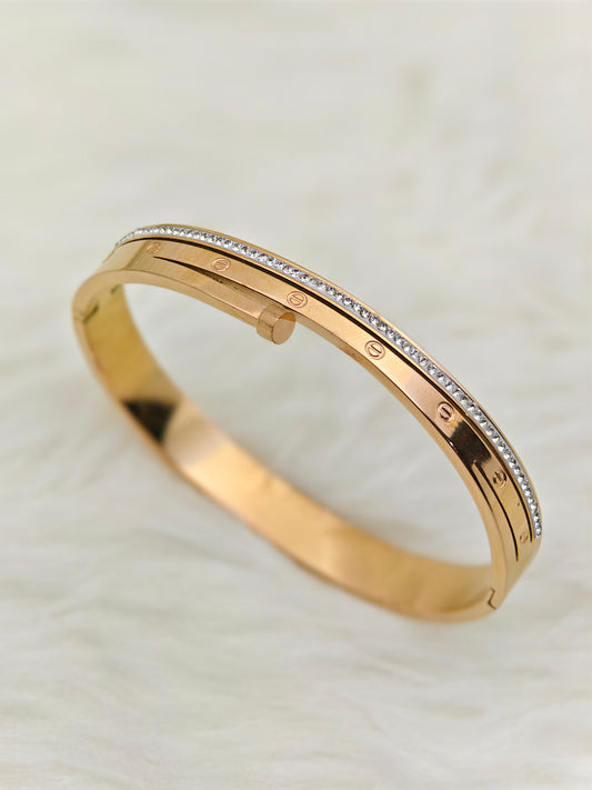 18K Rose Gold Plated Anti-Tarnish Crystal-Accented Bangle – Elegant Screw Designer Bracelet for Women RGB505