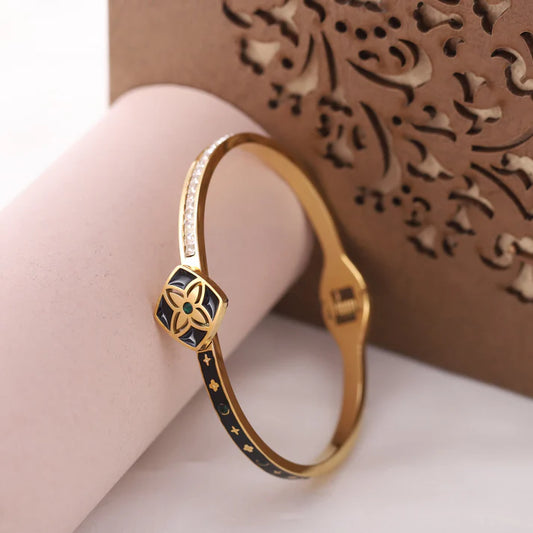 Luxury 22K Gold Plated Adjustable Kada Bracelet for Women – Anti-Tarnish Designer Bangle in Stainless Steel with Black Enamel & Crystal Accents RGB514