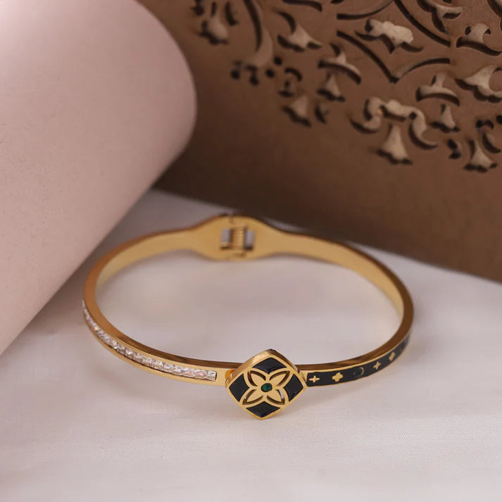 Luxury 22K Gold Plated Adjustable Kada Bracelet for Women – Anti-Tarnish Designer Bangle in Stainless Steel with Black Enamel & Crystal Accents RGB514