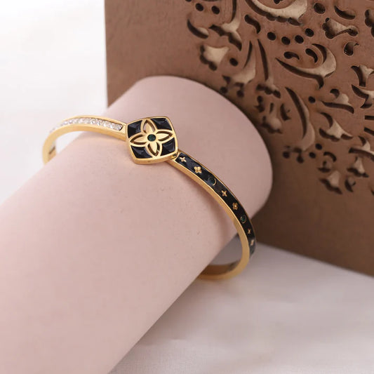 Luxury 22K Gold Plated Adjustable Kada Bracelet for Women – Anti-Tarnish Designer Bangle in Stainless Steel with Black Enamel & Crystal Accents RGB514