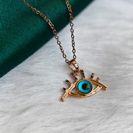 18K Rose Gold Plated Fusion Stone Studded Evil Eye Anti Tarnish Chain Pendant Necklace RGCP104