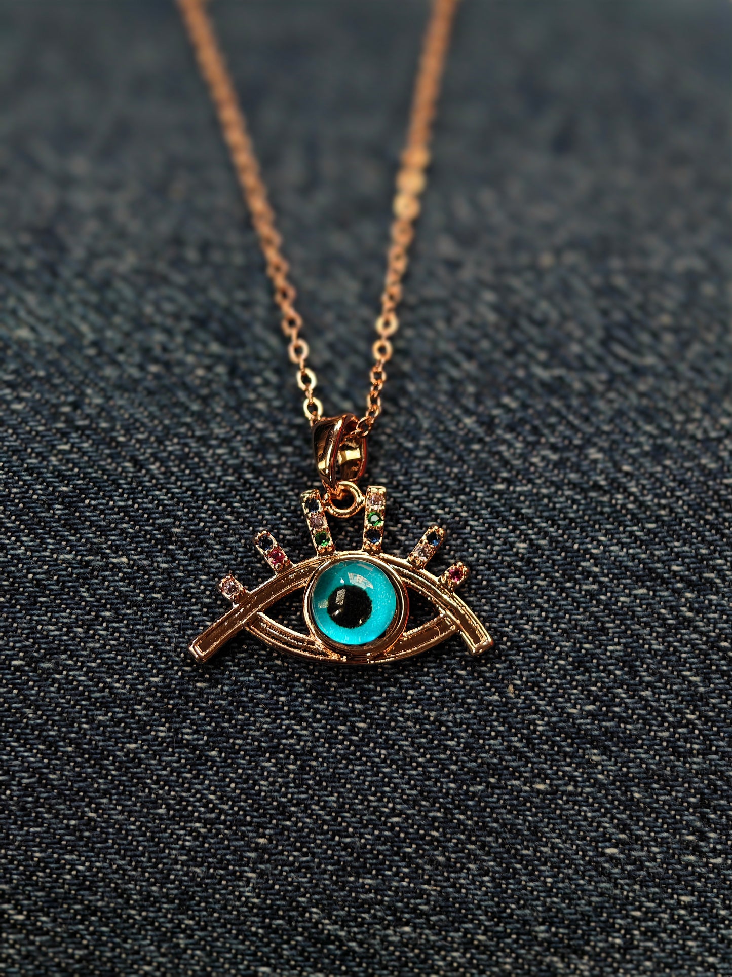 18K Rose Gold Plated Fusion Stone Studded Evil Eye Anti Tarnish Chain Pendant Necklace RGCP104