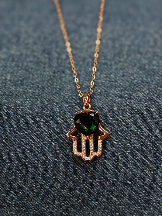 18K Rose Gold  Plated Premium Green Stone Anti Tarnish Chain Pendant Necklace RGCP120