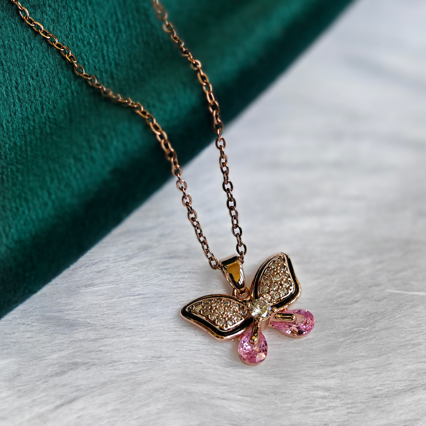 Pink Crystal Butterfly Anti Tarnish Pendant Necklace Rose Gold RGCP140