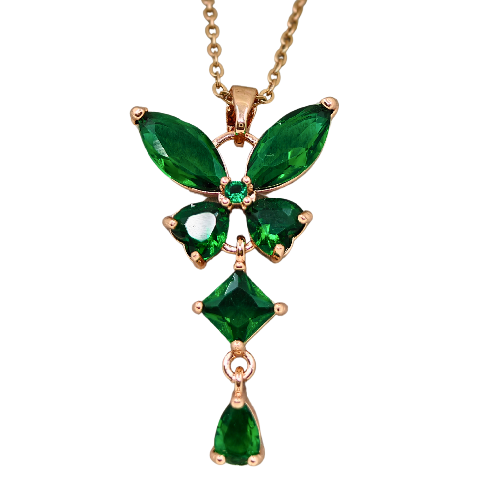 18K Rose Gold Plated Green Crystals Anti Tarnish Chain Pendant Necklace RGCP144