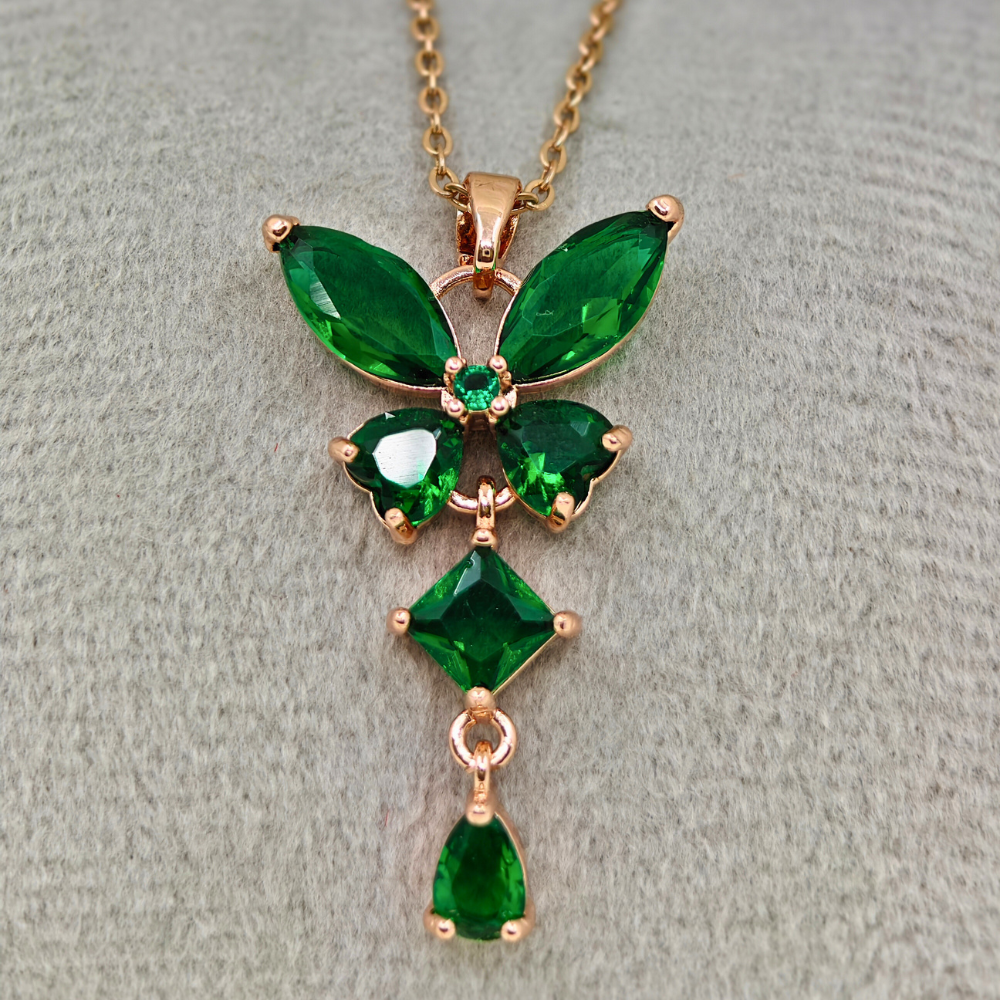 18K Rose Gold Plated Green Crystals Anti Tarnish Chain Pendant Necklace RGCP144