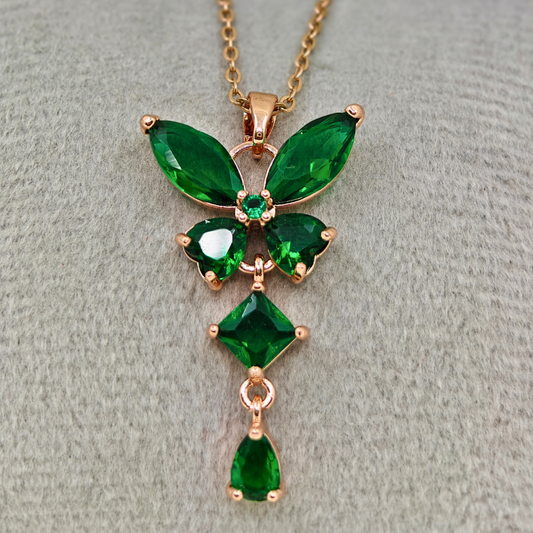 18K Rose Gold Plated Green Crystals Anti Tarnish Chain Pendant Necklace RGCP144