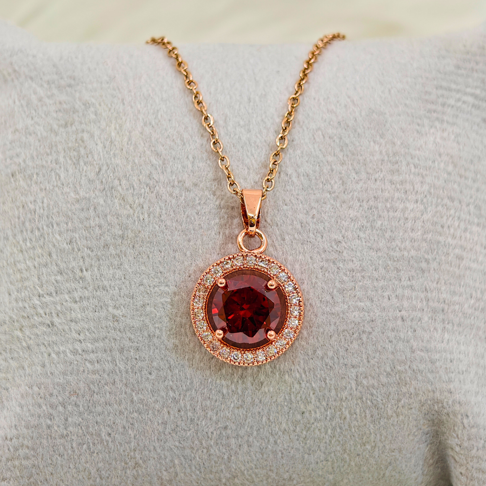 18K Rose Gold Plated Anti Tarnish Ruby Chain Pendant Necklace RGCP101