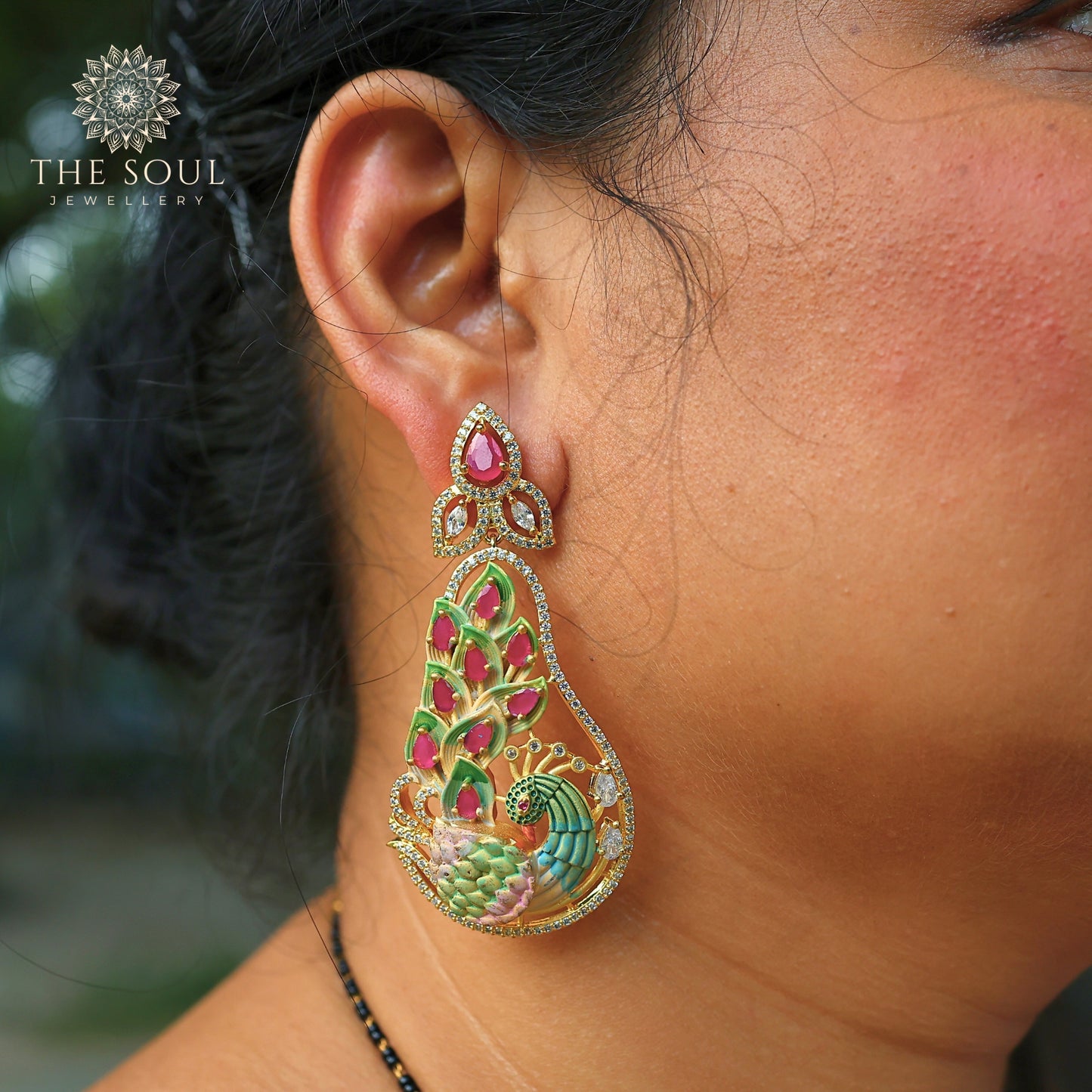 Portia CZ Studded Multicolor Peacock Design Long Drop Earring