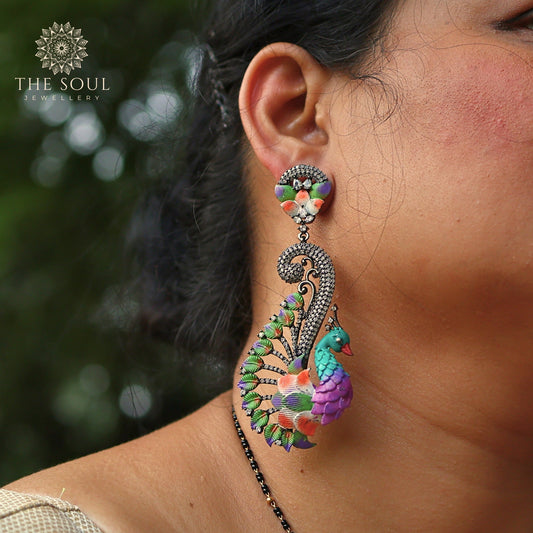 Kekaa Oxidized CZ Studded Multicolor Peacock Design Long Drop Earring