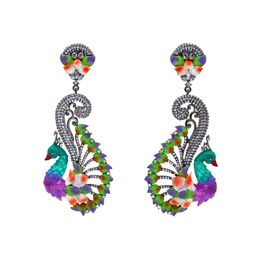 Kekaa Oxidized CZ Studded Multicolor Peacock Design Long Drop Earring