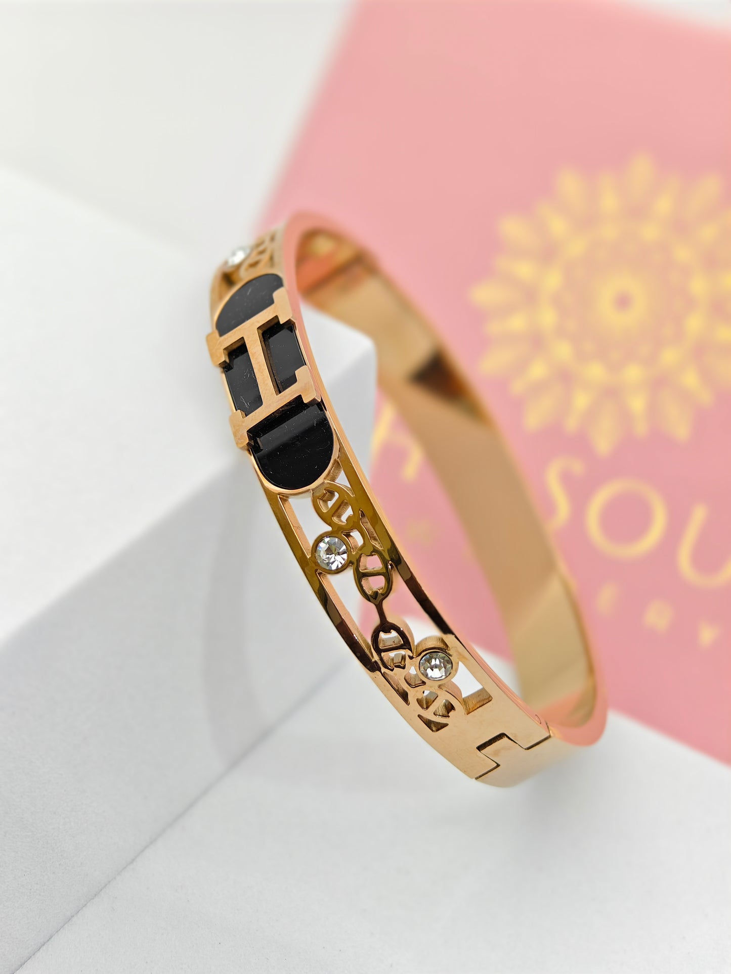 Hermes Engraved 18K Gold Plated Initial Bangle with Black Enamel and Crystal Details – Sophisticated and Stylish RGB288