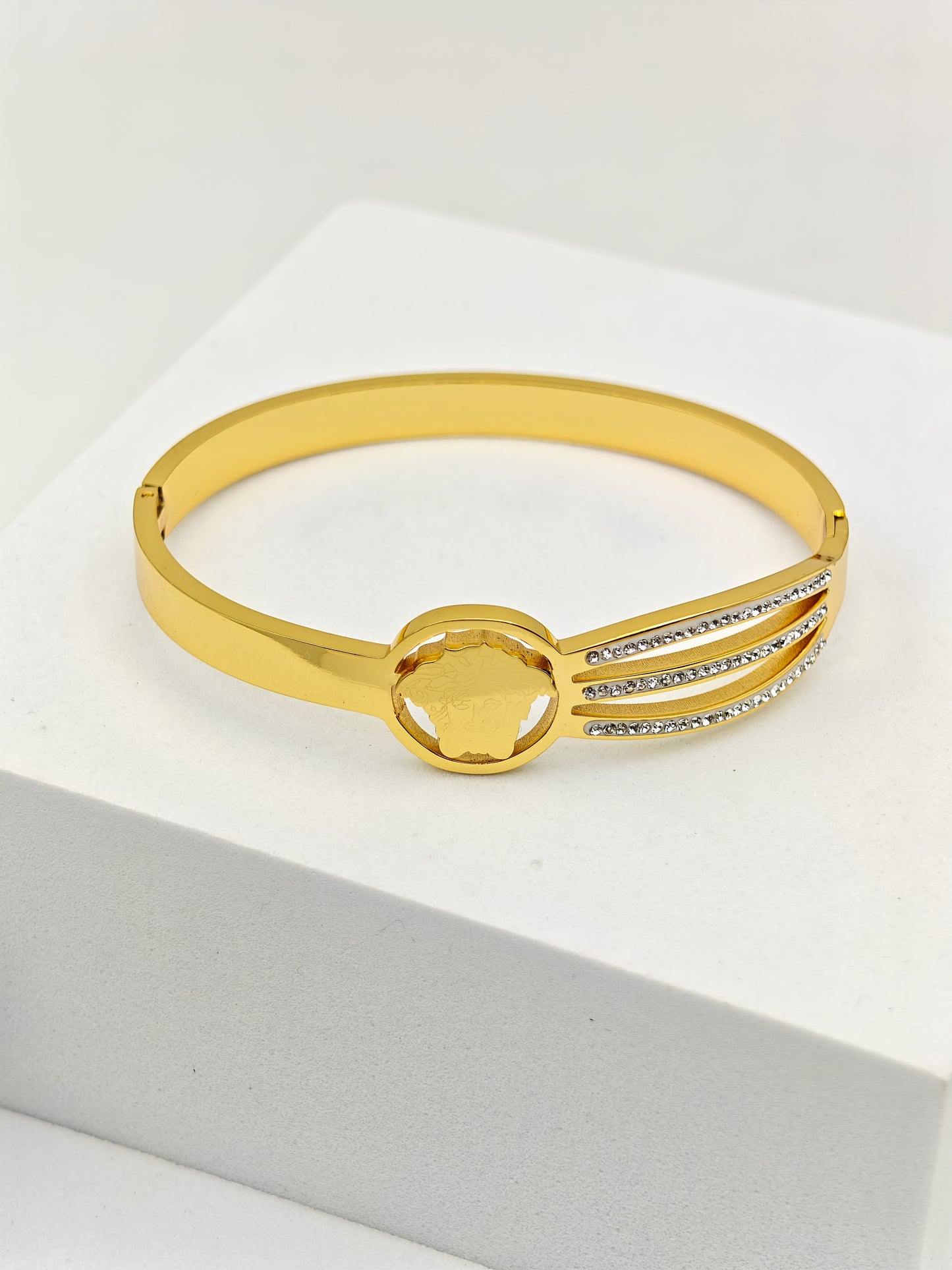 Trinity 27™ Gold Bracelet – Versace Inspired Triple Line CZ Studded Kada for Women | 18K Gold Plated Anti-Tarnish Stainless Steel Designer Bangle