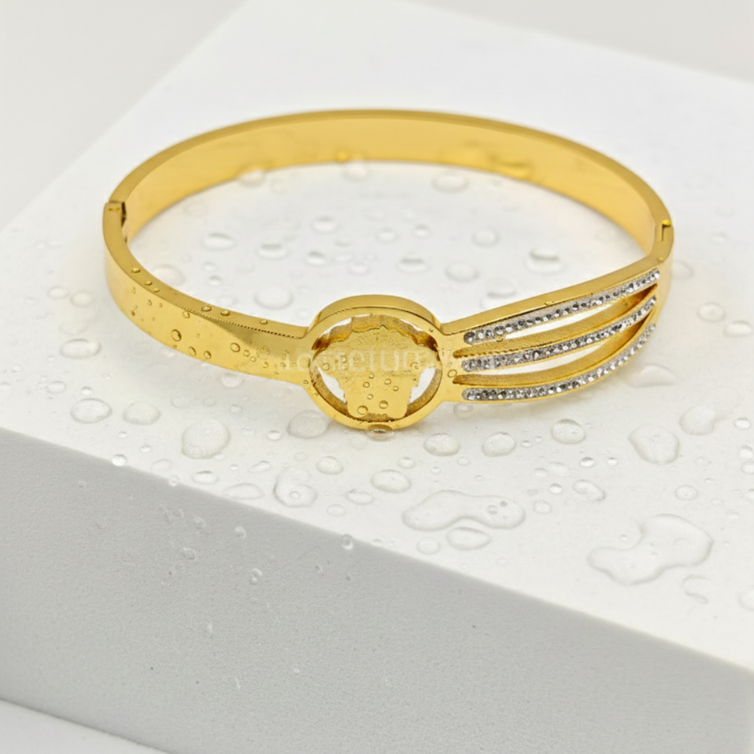 Trinity 27™ Gold Bracelet – Versace Inspired Triple Line CZ Studded Kada for Women | 18K Gold Plated Anti-Tarnish Stainless Steel Designer Bangle