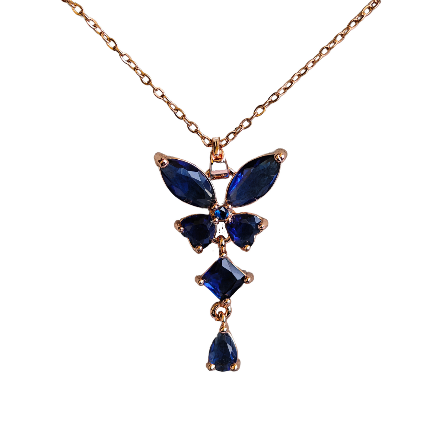 Blue Crystals Anti Tarnish 18K Rose Gold Plated Chain Pendant Necklace RGCP137