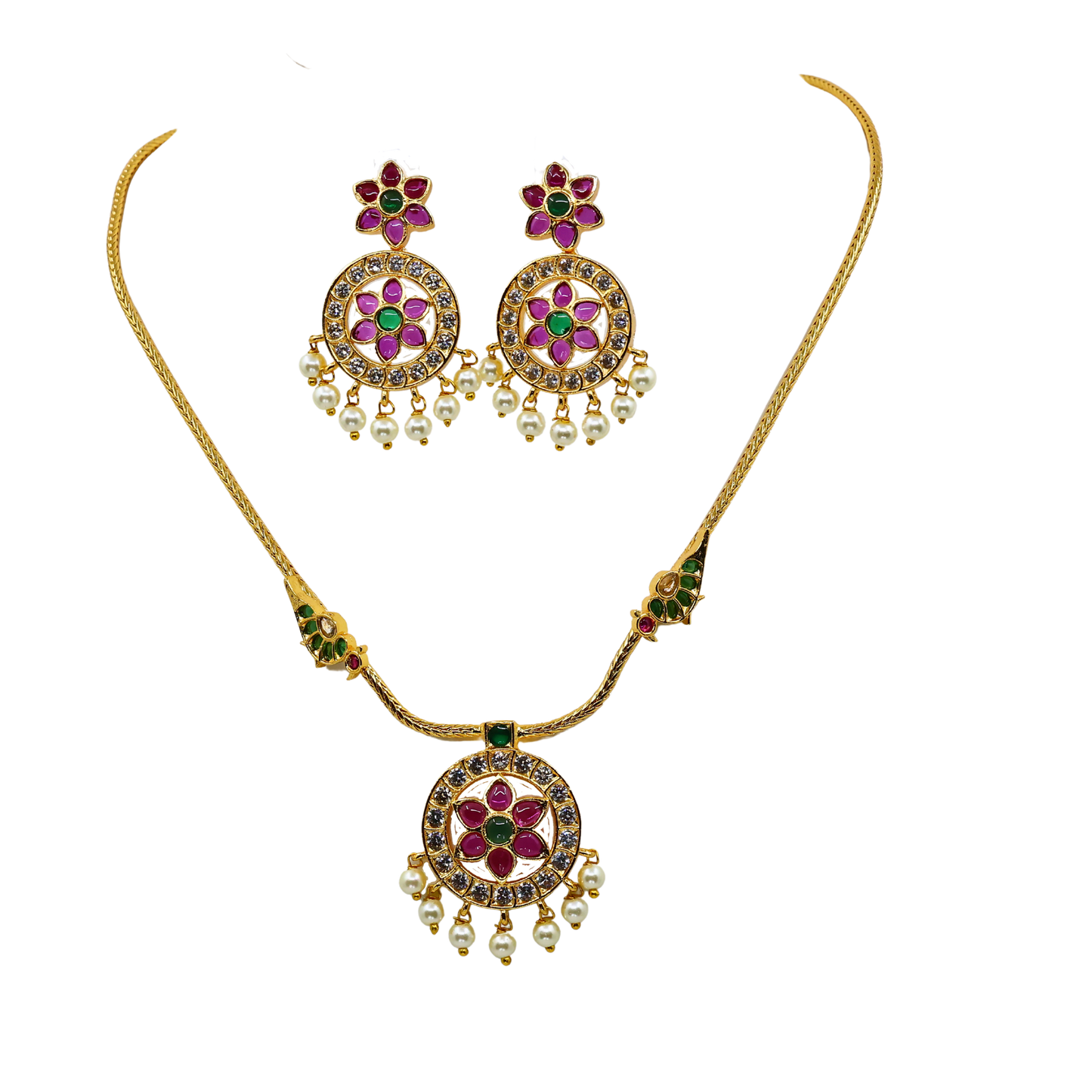 Madhavi Antique Gold Plated Short Necklace Set with Flower Design