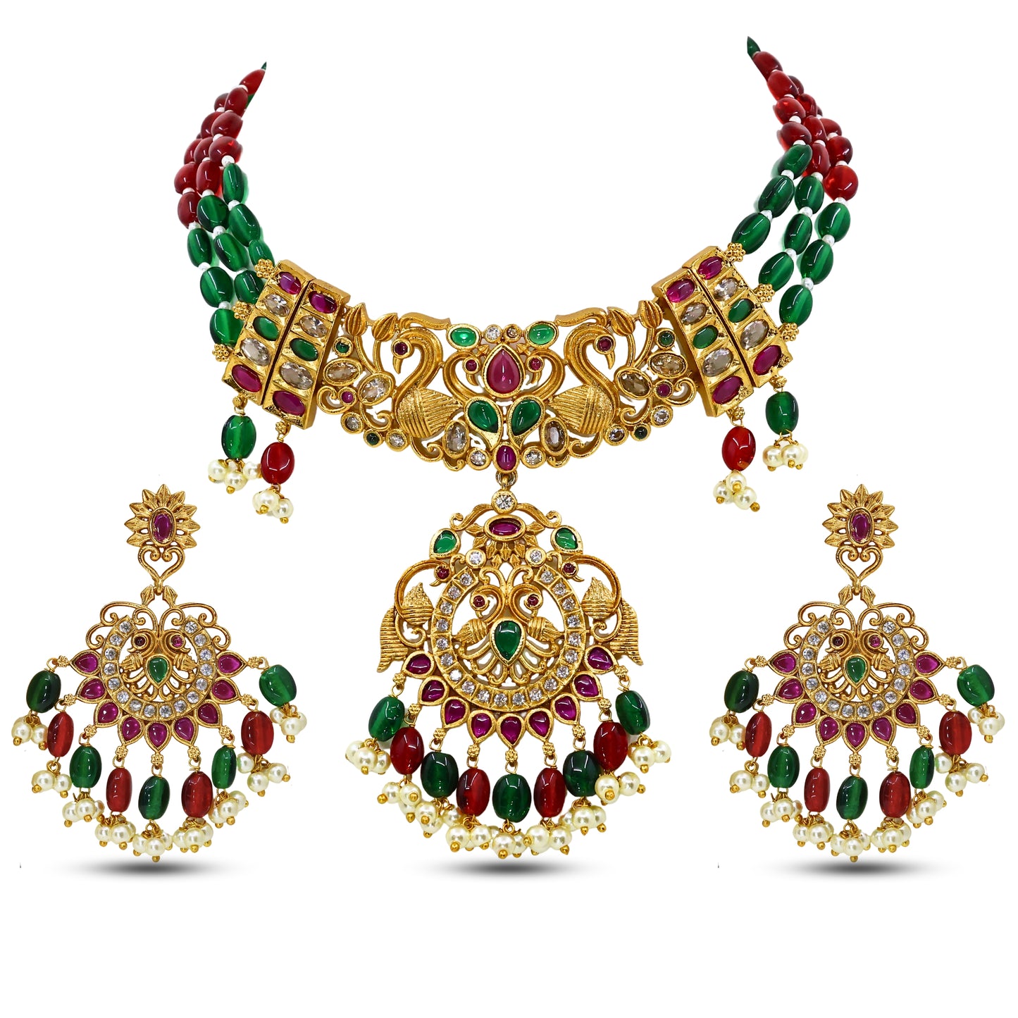 Malavika Antique Matte Gold Plated Choker Necklace Set with Peacock Design