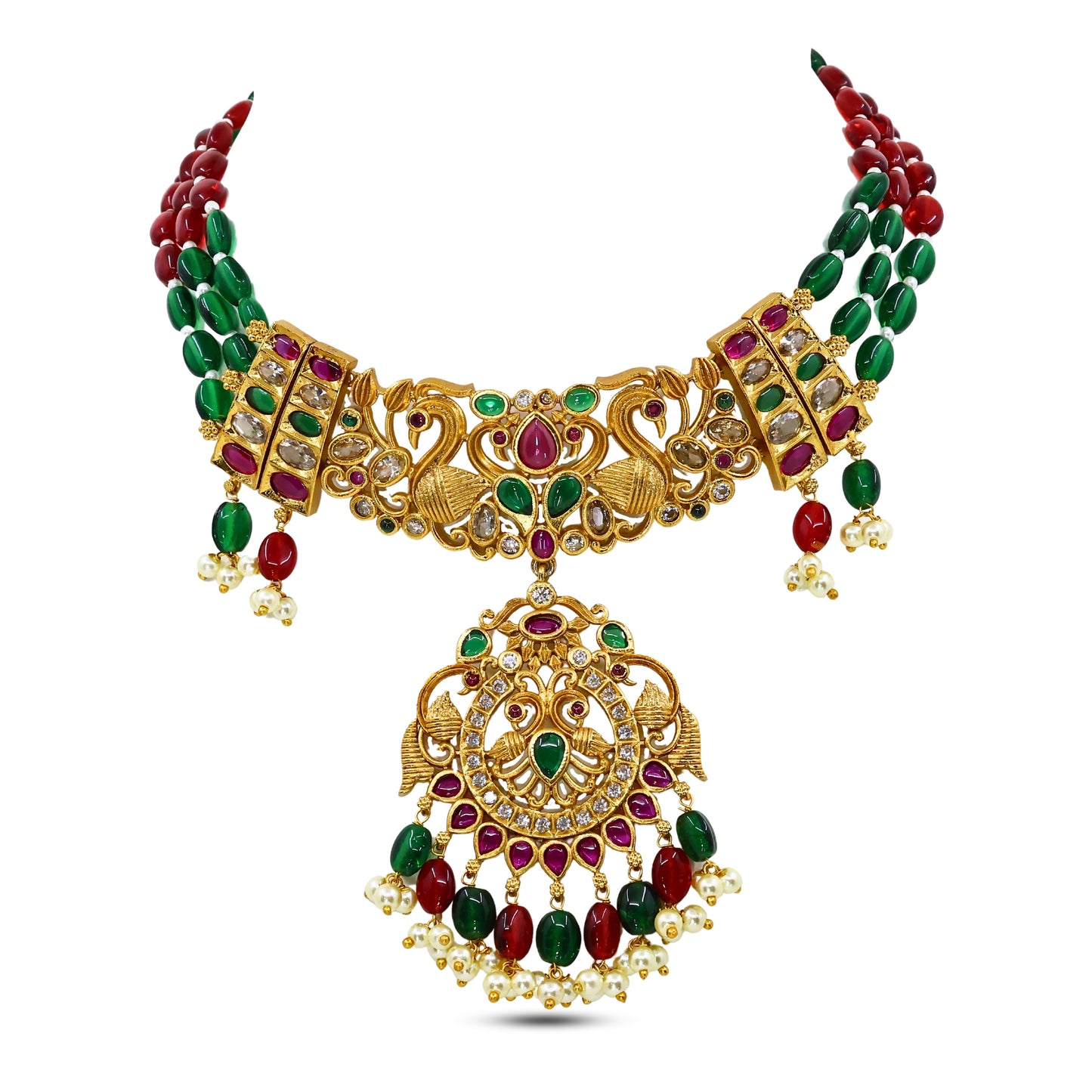 Malavika Antique Matte Gold Plated Choker Necklace Set with Peacock Design