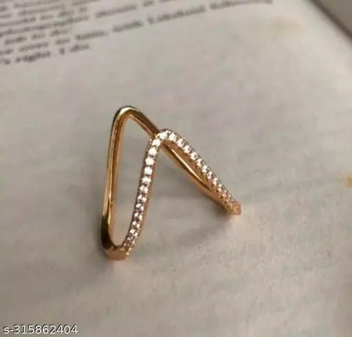 18K Gold Plated Anti-Tarnish V Ring – Elegant Minimalist Open Ring with Crystal Accents for Women