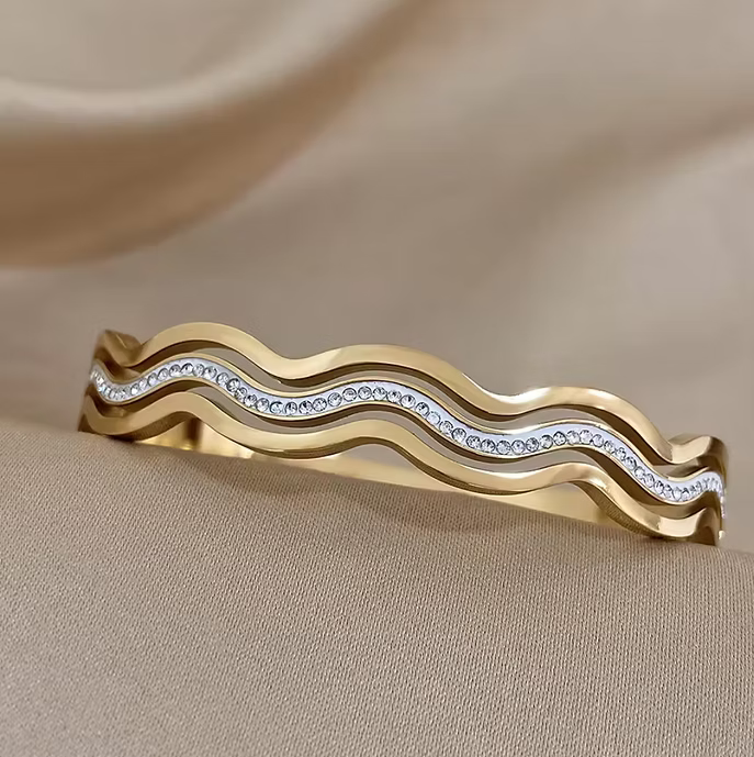 Waves of Elegance Aura 27™ Gold Cuff Bracelet for Women – Wave Design| Anti-Tarnish Demifine Bangle - The Soul Jewellery