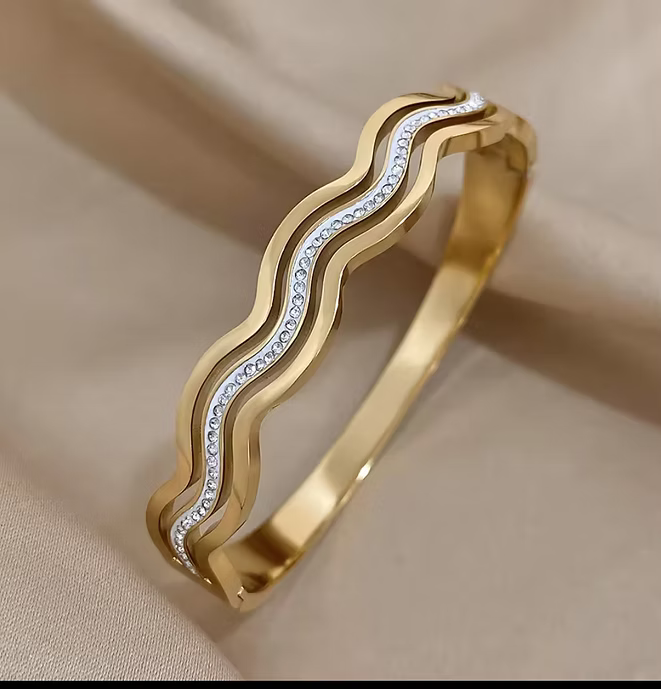 Waves of Elegance Aura 27™ Gold Cuff Bracelet for Women – Wave Design| Anti-Tarnish Demifine Bangle - The Soul Jewellery
