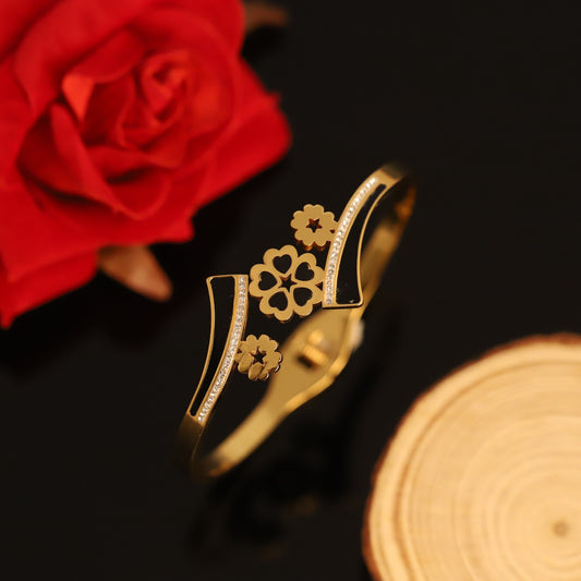22K Gold Plated Floral Cut Designer Bracelet for Women – Anti-Tarnish Classy Bangle with Black Enamel & Crystal Accents RGB519