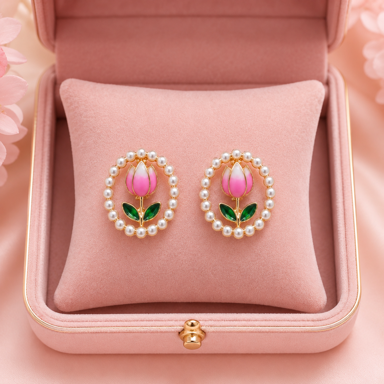 Pink Tulip Pearl Stud Earrings for Women – Gold-Tone Floral Earrings with Green Leaf Detail