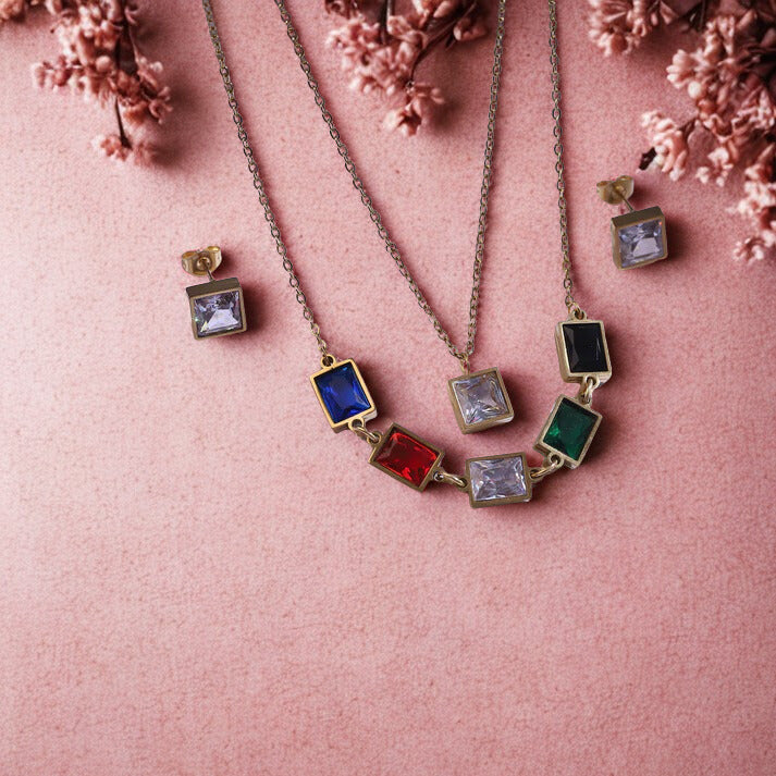 Luxury Gold-Tone Multi-Color Gemstone Necklace & Stud Earring Set – Square-Cut Statement Jewelry for Women ATCP177