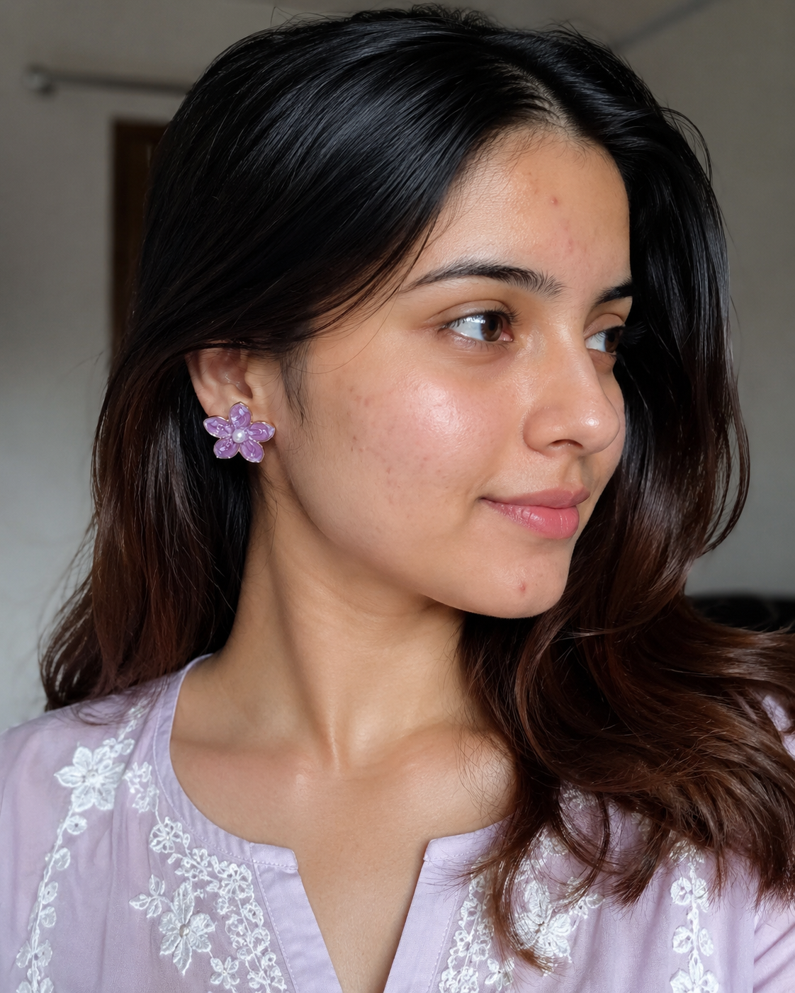 Purple Floral Pearl Stud Earrings for Women – Gold-Tone Enamel Flower Demi Fine Earrings - Soul Jewellery