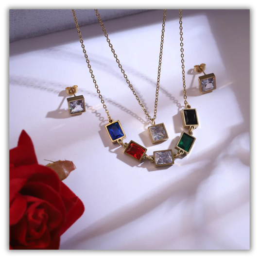 Luxury Gold-Tone Multi-Color Gemstone Necklace & Stud Earring Set – Square-Cut Statement Jewelry for Women ATCP177
