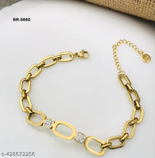 18K Gold Plated Anti-Tarnish Geometric Link Bracelet with Sparkling CZ Accents – Elegant Everyday Chain for Women RGB483