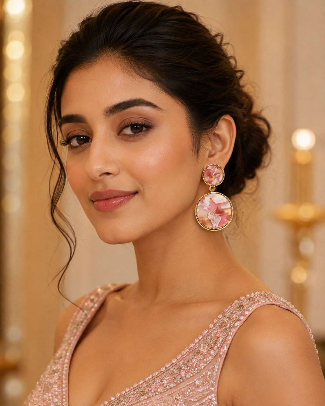 Blush Pink Marble-Effect Round Drop Earrings for Women – Gold-Tone Double Circle Dangle Earrings - Soul Jewellery