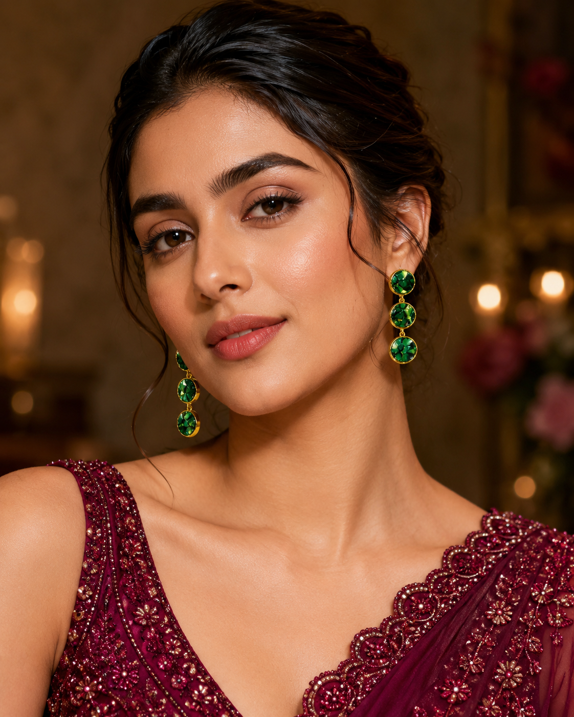 Emerald Green Marble-Effect Triple Drop Earrings for Women – Gold-Tone Long Statement Dangle