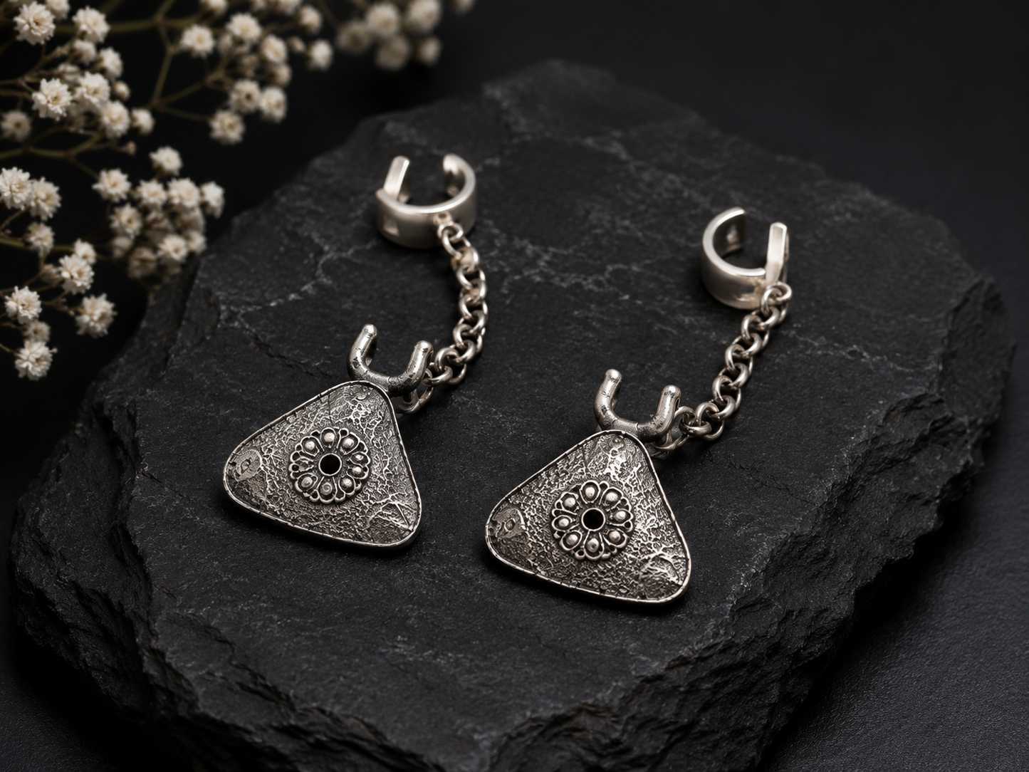 Vintage Oxidized Silver Replica Ear Cuff Chain Earrings for Women | Tribal Boho Statement Earrings - The Soul Jewellery