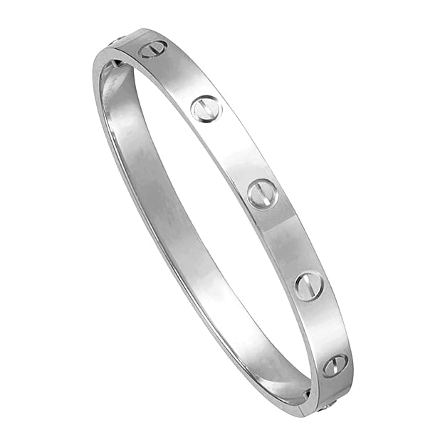 Unisex Silver Kada Bracelet with Cartier Engraving – Stylish Zircon Gemstone Bangle for Men & Women RGB471