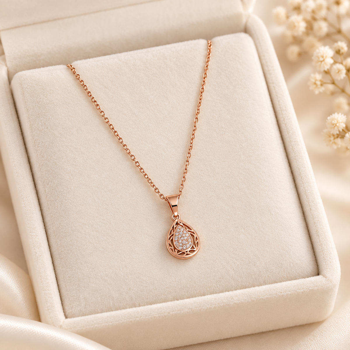 Rose Gold-Tone Stainless Steel Teardrop Crystal Pendant Necklace for Women | Minimal Necklace - Soul Jewellery