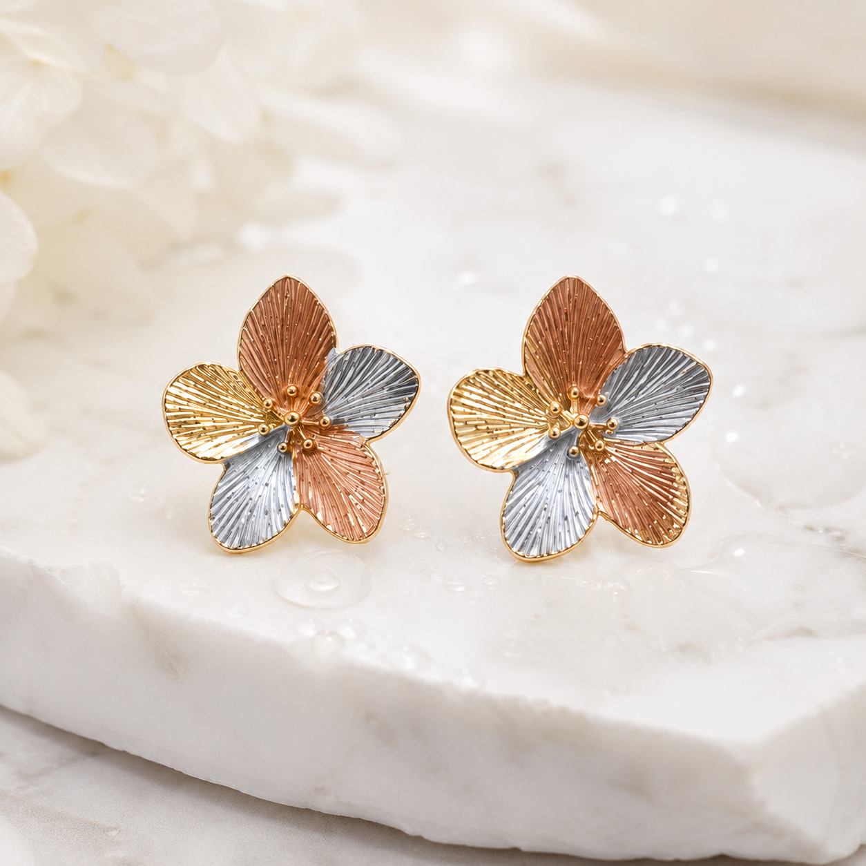 Tri-Tone Floral Stud Earrings for Women – Gold, Rose Gold & Silver-Tone Textured Flower Earrings