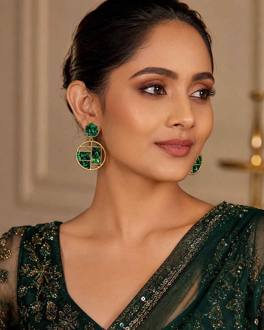 Emerald Green Marble Geometric Drop Earrings – Gold-Tone Statement Dangle Earrings for Women - Soul Jewellery