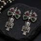 Vintage Oxidized Silver Owl Drop Earrings for Women | Green & Ruby Stone Statement Earrings