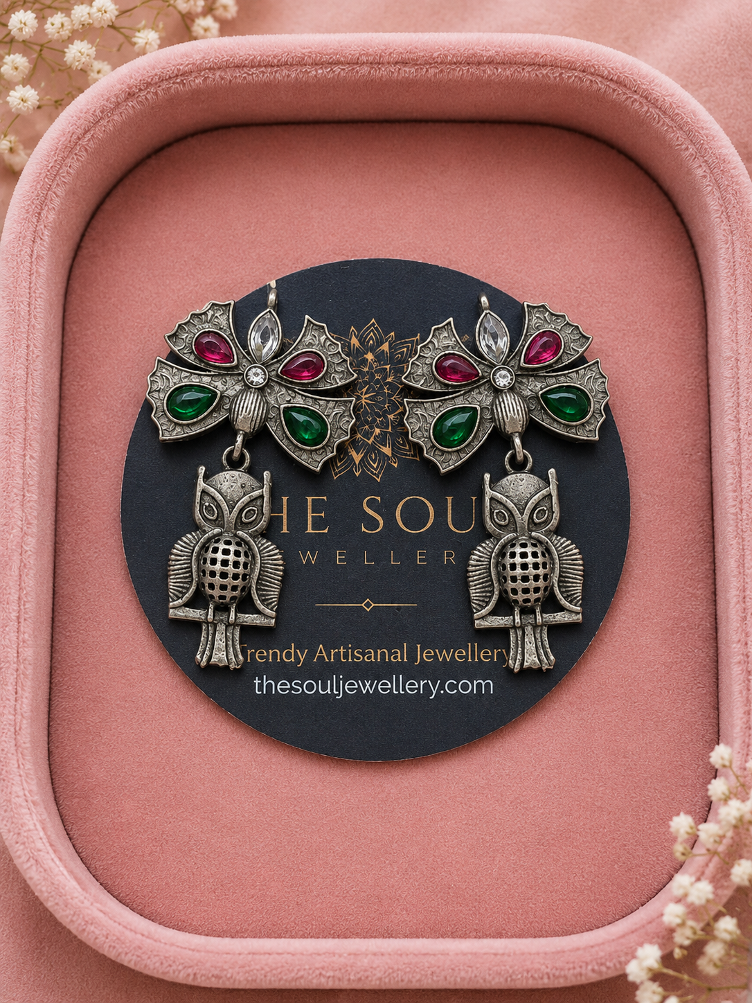 Vintage Oxidized Silver Owl Drop Earrings for Women | Green & Ruby Stone Statement Earrings