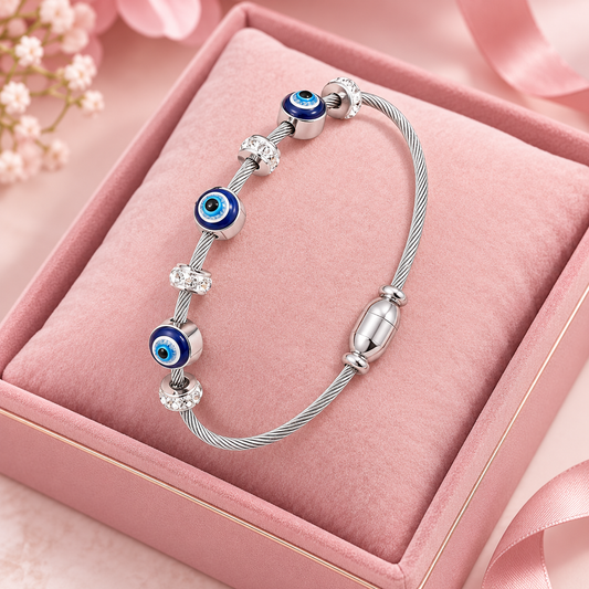 Evil Eye Bracelet for Women – Silver Tone Blue Nazar Charm Cable Bracelet with CZ Spacers - Soul Jewellery