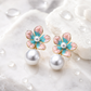 Multicolour Floral Pearl Drop Earrings for Women – Pink & Turquoise Gold-Tone Flower Statement Earrings - Soul Jewellery