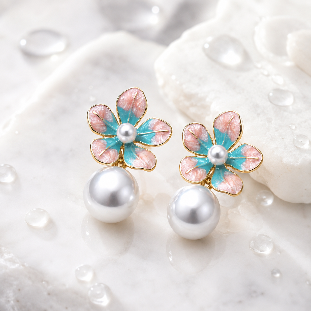 Multicolour Floral Pearl Drop Earrings for Women – Pink & Turquoise Gold-Tone Flower Statement Earrings - Soul Jewellery